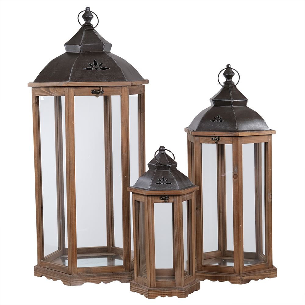 Set of 3 Brown Wooden Lanterns
